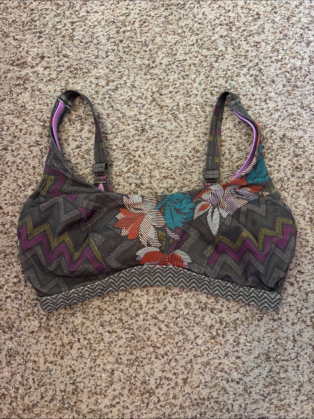 PRANA  38 D Large Swim Bikini Top - Olive Green w/ Purple, Teal Floral Accents.